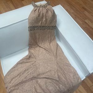 Gold Lace Formal Mermaid Style Full Length Gown with Gem Detailing